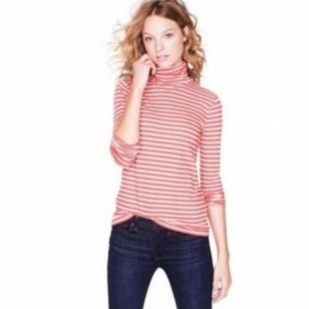 J.Crew Feather Jersey Striped Turtleneck Top Red Cream  Long‎ Sleeve NWT Flaw